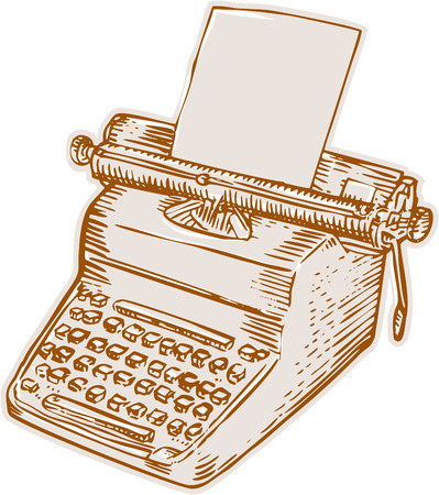 Etching engraving handmade style illustration of an old style vintage typewriter with paper set on isolated white background.のイラスト素材