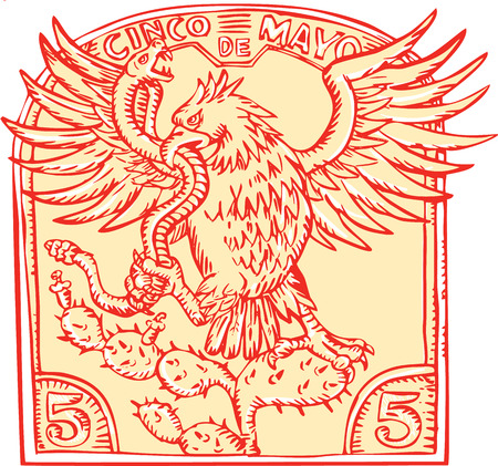 Etching engraving handmade style illustration of a Mexican eagle devouring a rattle snake perching on prickly pear cactus set inside inverted crest with words "Cinco de Mayo"のイラスト素材