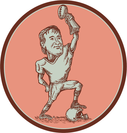 Drawing illustration of an american football quarterback player raising up championship trophy stepping on helmet set inside circle on isolated background.のイラスト素材