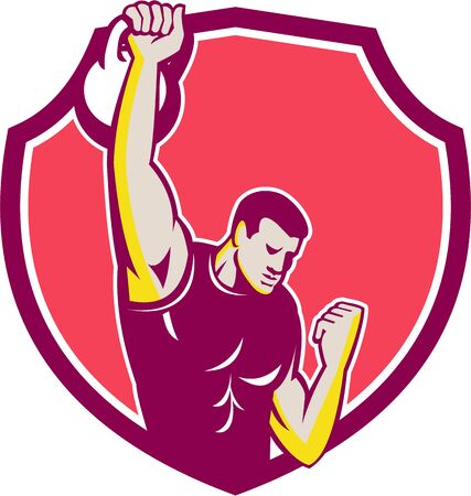 Illustration of an athlete performing a kettlebell one-arm high pull facing front set inside crest done in retro style.のイラスト素材