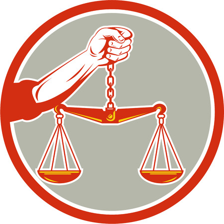 Illustration of a hand holding weighing scale scales of justice viewed from front set inside circle on isolated background done in retro style.のイラスト素材