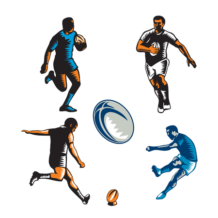 Collection or set of illustrations of rugby player kicking and running with ball on isoalated background done in retro woodcut style.のイラスト素材