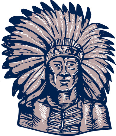 Etching engraving handmade style illustration of a native american indian chief warrior viewed from front set on isolated white background.のイラスト素材