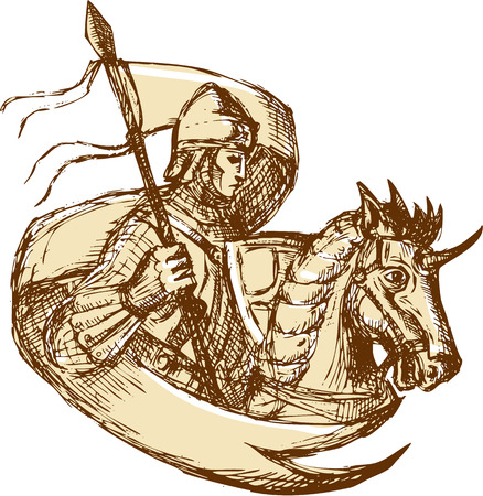 Drawing illustration of knight in full armor riding horse steed holding flag viewed from the side set on isolated white background.のイラスト素材