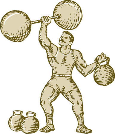 Etching engraving handmade style illustration of a strongman circus performer lifting barbell on one hand and kettlebell on the other hand set on isolated white background.のイラスト素材