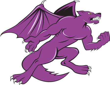 Illustration of kludde, a mythical monster with body of a wild dog with bat wings viewed from side clenching fist on isolated bakcground done in cartoon style.のイラスト素材