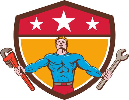 Cartoon style illustration of a superhero handyman holding spanner and monkey wrench standing looking up viewed from the front set inside shield crest with stars on top set on isolated background.のイラスト素材