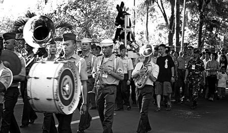MANILA- APR. 2: Members of the AFP General Headquarters military band march during the Good Friday procession in Camp Aguinaldo on April 2, 2010 in Manila, Philippines.のeditorial素材