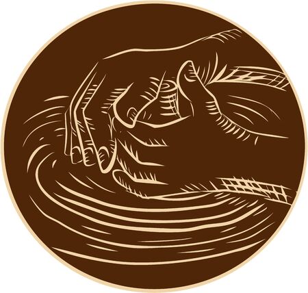 Etching engraving handmade style illustration of a potter hand shaping pottery clay viewed from the side set inside circle on isolated background.のイラスト素材