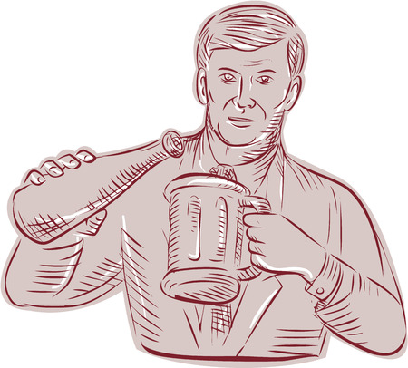 Etching engraving handmade style illustration of a man pouring beer in a mug viewed from front set on isolated white background.のイラスト素材