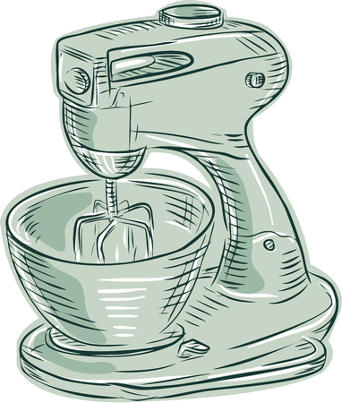 Etching engraving handmade style illustration of a vintage kitchen mixer viewed from the side set on isolated white background.のイラスト素材