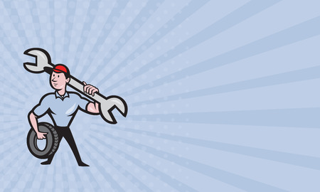 Business card showing illustration of a mechanic with tire and socket wrench standing front view set inside hexagon done in cartoon styleの写真素材