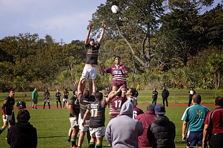 AUCKLAND- APR. 18- Rugby Union club game between Waitemata and Waitakere City at Westpac Trust Stadium in Waitakere , Auckland, New Zealand on Saturday, April 18, 2014.のeditorial素材