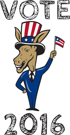Illustration of a democrat donkey mascot of the democratic grand old party gop smiling looking to the side with one hand on hip and the other waving american usa flag up wearing american stars and stripes hat and suit done in cartoon style set on isolatedのイラスト素材