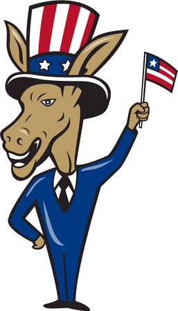 Illustration of a democrat donkey mascot of the democratic grand old party gop smiling looking to the side with one hand on hip and the other waving american usa flag wearing american stars and stripes hat and suit done in cartoon style set on isolated whのイラスト素材