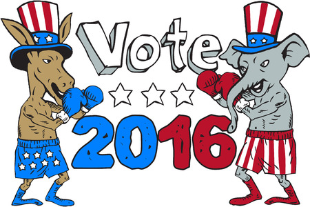 Illustration of a democrat donkey boxer mascot and republican elephant boxer mascot wearing gloves and hat with stars and stripes design facing each other in a fighting stance pose with the words Vote 2016 done in cartoon style.のイラスト素材