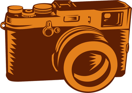 Illustration of a camera with 35mm lens vintage style set on isolated white background done in retro woocut style.のイラスト素材