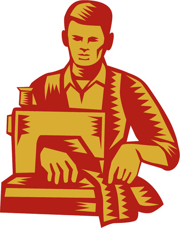 Illustration of a tailor machinist with sewing machine sewing facing front set on isolated white background done in retro woodcut style.のイラスト素材