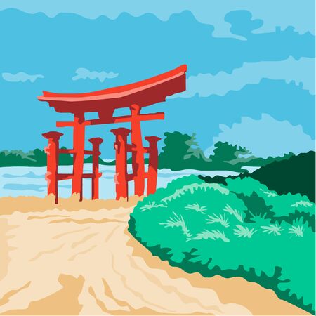 WPA style illustratoin of a Torii , a traditional Japanese gate most commonly found at the entrance of or within a Shinto shrine done in retro style.のイラスト素材