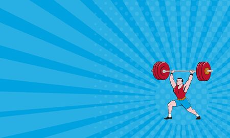 Business card showing illustration of a weightlifter lifting barbell weights set on isolated white background done in cartoon style.の写真素材