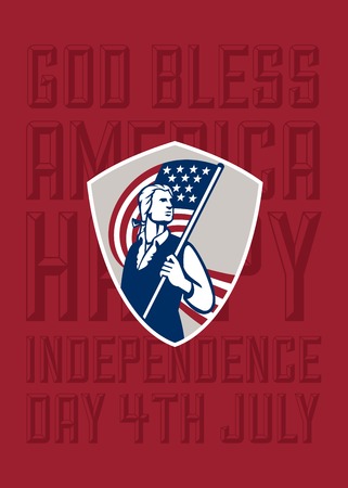 Independence Day or 4th of July greeting card featuring an illustration of an American Patriot holding a USA stars and stripes flag set inside crest shield on isolated background done in retro style with the words God Bless America, Happy Independence Dayの素材 [FY31048498928]