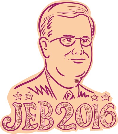 Illustration showing John Ellis "Jeb" Bush, an American businessman and politician and Republican 2016 presidential candidate with words Jeb 2016 done in cartoon sketch style.のeditorial素材