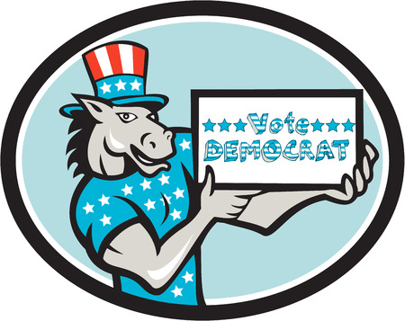 Illustration of a democrat donkey mascot of the democratic grand old party gop wearing American stars and stripes flag shirt and hat presenting holding Vote Democrat sign done in cartoon style set inside oval shape.のイラスト素材