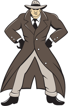 Illustration of a detective wearing trenchcoat and hat with hands akimbo viewed from front set on isolated white background done in cartoon style.のイラスト素材