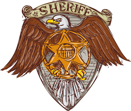 Drawing sketch style illustration of a sheriff badge with american eagle set inside shield on isolated background.のイラスト素材