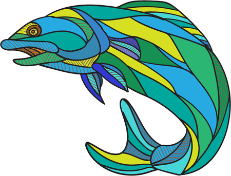 Drawing sketch style illustration of an atlantic salmon fish jumping viewed from the side set on isolated background.のイラスト素材