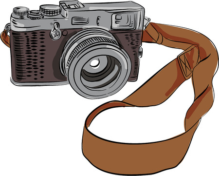 Drawing sketch style illustration of a vintage camera with srap viewed from front set on isolated white background.のイラスト素材