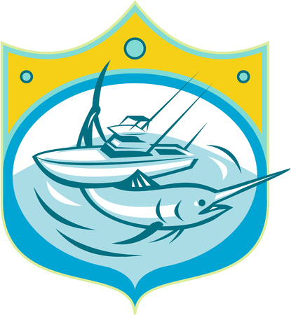 Illustration of a blue marlin and charter fishing boat in sea set inside shield crest done in retro style.のイラスト素材