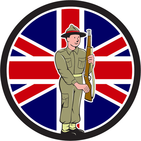 Illustration of a World War II soldier presenting arms rifle weapon for inspection with Union Jack British UK flag in the background set inside circle done in cartoon style.のイラスト素材