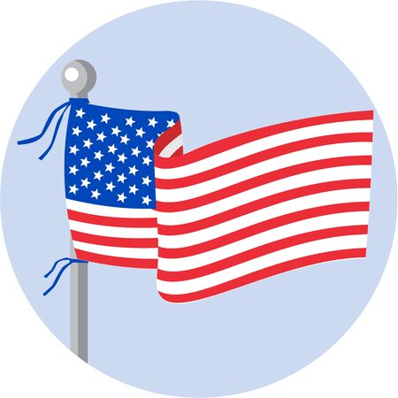 Illustration of usa american stars and stripes flag on flagpole set inside circle done in cartoon style.のイラスト素材