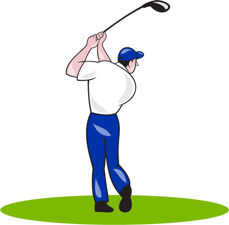 Illustration of a golfer playing golf swinging club tee off viewed from back rear set  on isolated white background done in cartoon style.のイラスト素材