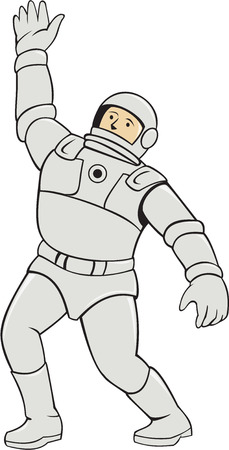Illustration of an astronaut spaceman wearing space suit waving viewed from the front set on isolated white background done in cartoon style.のイラスト素材