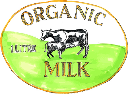 Drawing sketch style illustration of an organic milk label showing a cow with its calf suckling set inside oval shape with words "Organic Milk 1 litre".のイラスト素材