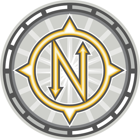 Illustration of a stylized true north compass with letter N in the middle set inside circle done in retro style.のイラスト素材
