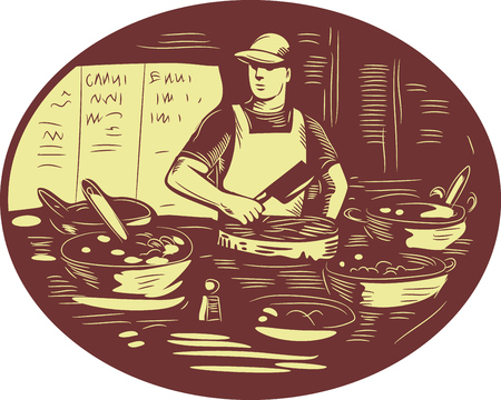 Illustration of a Taco chef cook wearing hat and apron holding meat cleaver knife in market food stall with pots set inside oval shape done in retro style.のイラスト素材