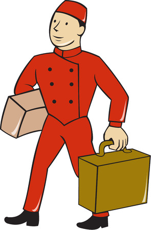 Illustration of a bellboy, bellhop or porter carrying suitcase, bag and luggage set on isolated white background done in cartoon style.のイラスト素材
