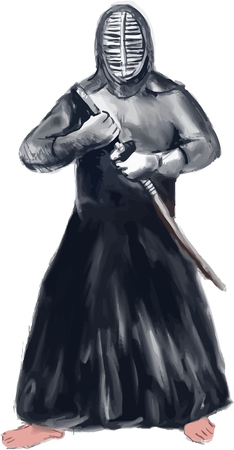 Watercolor style illustration of a Kendo  kend?ka swordsman, a modern Japanese martial art using bamboo sword shinai and protective armour b?gu in fighting stance facing front set on isolated white background.のイラスト素材
