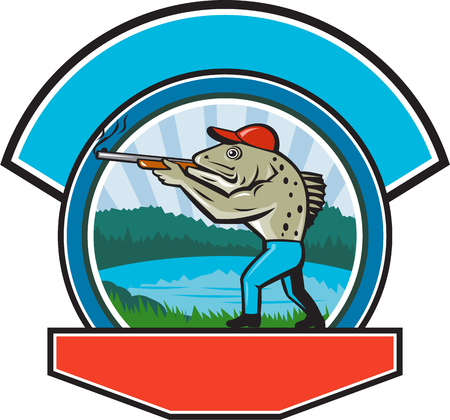 Illustration of a spotted sea trout fish hunter hunting aiming a shotgun rifle viewed from side with lake, trees and mountains  in the background done in retro style.のイラスト素材