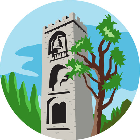 Illustration of a medieval bell tower with tree in foreground and background set inside circle done in retro style.のイラスト素材
