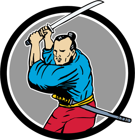 Drawing sketch style illustration of a Samurai warrior wielding katana sword viewed from front set inside circle on isolated background.のイラスト素材