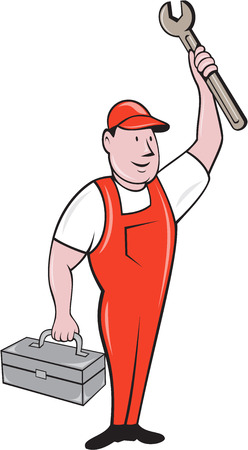 Illustration of a mechanic wearing hat and overalls standing lifting raising up spanner wrench holding toolbox looking to the side viewed from front set on isolated background done in cartoon style.のイラスト素材