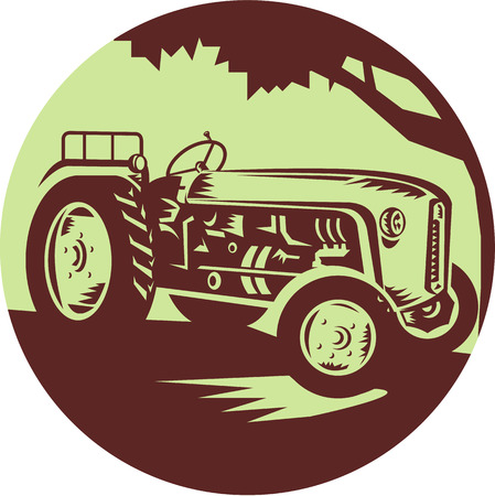 Illustration of a vintage farm tractor viewed from front set inside circle done in retro woodcut style.のイラスト素材