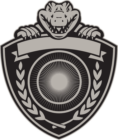 Illustration of coat of arms of an angry gator alligator crocodile head viewed from front holding a crest shieldのイラスト素材