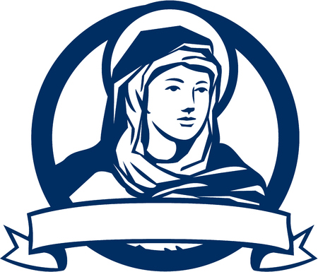 Illustration of the Blessed Virgin Mary looking to the side with scroll set inside circle done in retro style.のイラスト素材