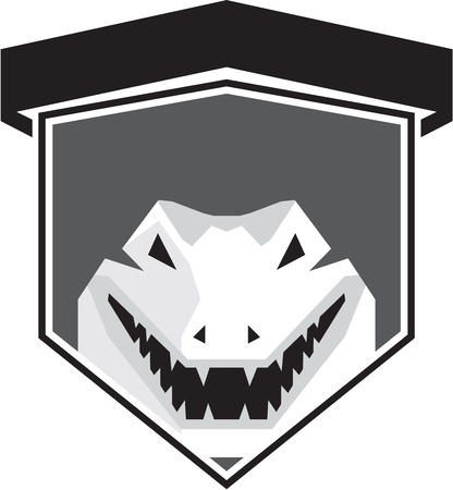 Black and white illustration of an alligator crocodile head smiling set inside shield crest viewed from front done in retro style on isolated background.のイラスト素材