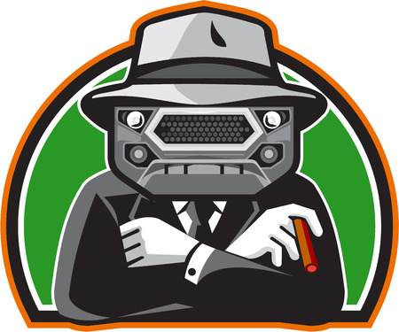 Illustration of an angry mobster with car grille grill face wearing hat , tie and suit arms folded facing front set inside half circle done in retro style.のイラスト素材
